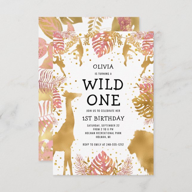 Invitation Filles 1er anniversaire Pink Gold Safari (Devant / Derrière)