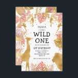 Invitation Filles 1er anniversaire Pink Gold Safari<br><div class="desc">Cette invitation à la fête d'anniversaire de la fille "sauvage" du safari dans la jungle présente des animaux à fausse feuille d'or (girafe, lion et singes), du feuillage de la jungle dorée et rose, et un arrosage de confettis d'or sur un arrière - plan blanc. Ajoutez le nom de la...</div>