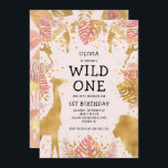 Invitation Filles 1er anniversaire Pink Jungle Safari<br><div class="desc">Cette invitation à la fête du premier anniversaire de la jeune fille "sauvage" à thème de safari dans la jungle comprend des animaux à fausse feuille d'or (girafe, lion et singes), du feuillage de la jungle dorée et rose, et un arrosage de confettis d'or sur un arrière - plan rose...</div>