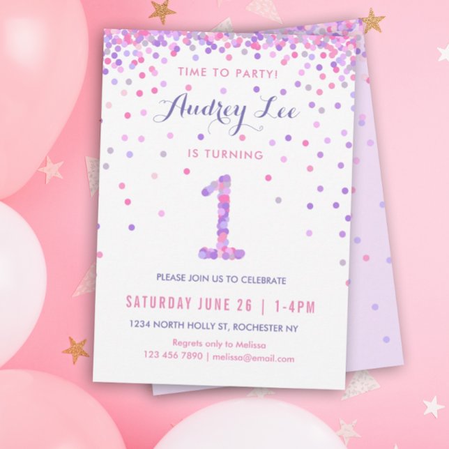 Invitation Filles 1er anniversaire Première fête d'anniversai (Pink Purple Confetti for your kiddo's birthday party!)