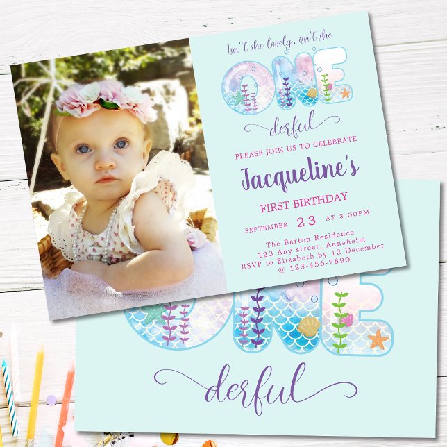 Invitation Filles 1er Anniversaire Sous La Mer Jolie (Girls 1st Birthday pale blue aquamarine birthday invite. Miss ONEderful under the sea with photo.)