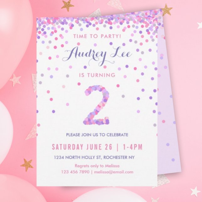 Invitation Filles 2e anniversaire Deuxième fête d'anniversair (Pink and purple confetti for your 2 year old's birthday party!)