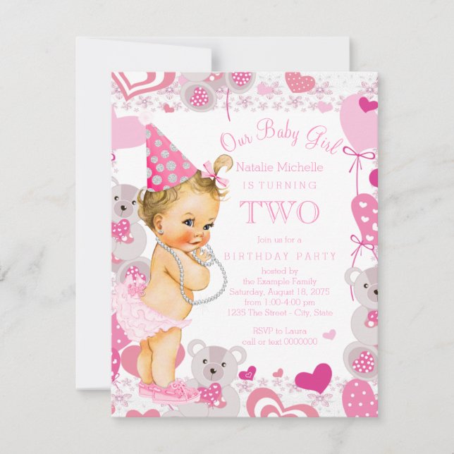 Invitation Filles 2e anniversaire fête Coeurs Nounours roses (Devant)