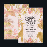 Invitation Filles 3e anniversaire Pastel Pink Gold Safari<br><div class="desc">Cette invitation à la fête du troisième anniversaire de cette "jeune fille sauvage et trois" dans la jungle a pour thème les animaux de fausse feuille d'or (girafe, lion et singes), le feuillage de la jungle dorée et rose, et un arrosage de confettis d'or sur un arrière - plan rose...</div>