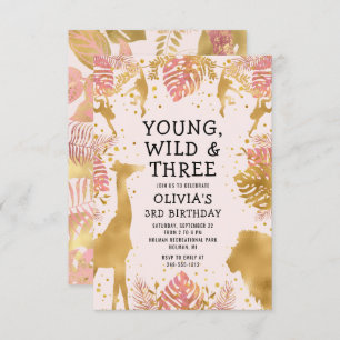 Invitation Filles 3e anniversaire Pastel Pink Gold Safari