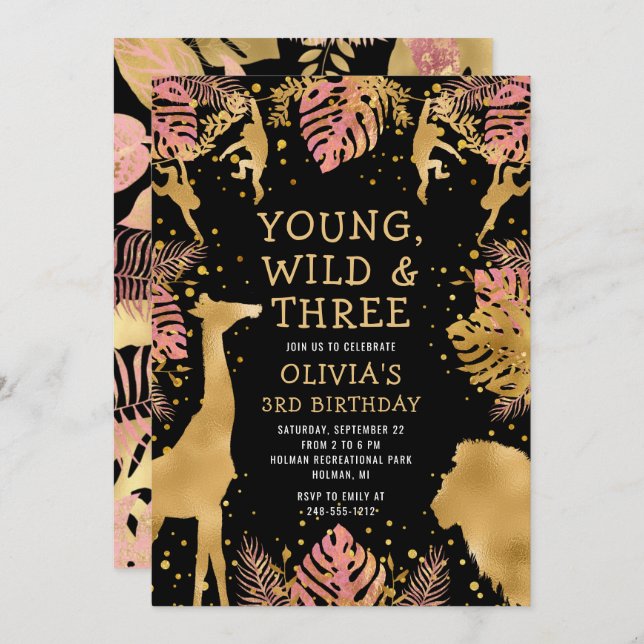 Invitation Filles 3e anniversaire Pink Gold Black Safari (Devant / Derrière)