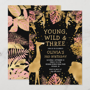 Invitation Filles 3e anniversaire Pink Gold Black Safari
