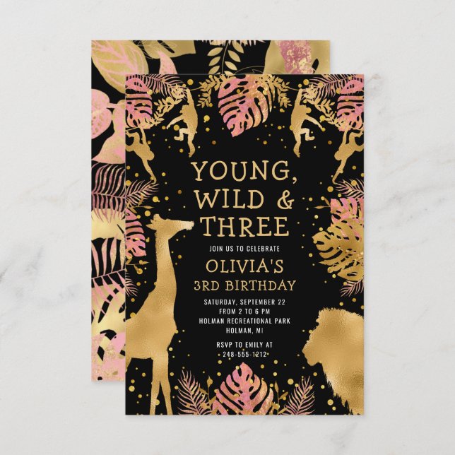 Invitation Filles 3e anniversaire Pink Gold Black Safari (Devant / Derrière)