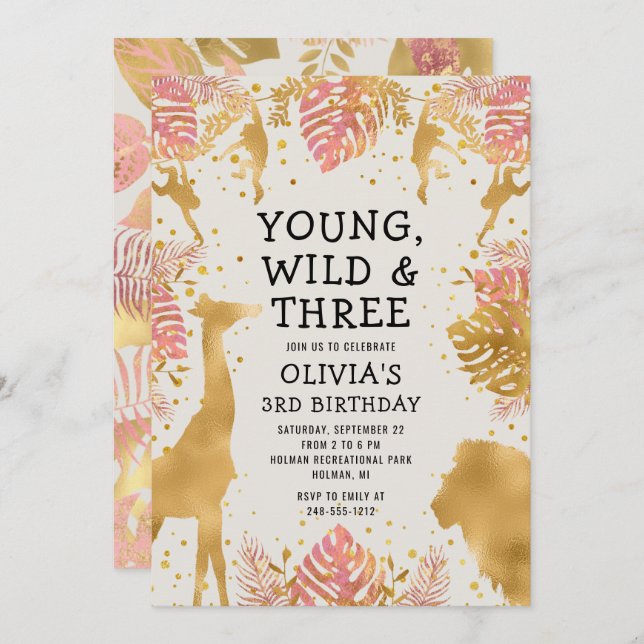 Invitation Filles 3e anniversaire Pink Gold Ecru Safari (Devant / Derrière)