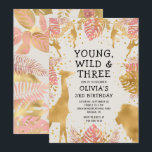 Invitation Filles 3e anniversaire Pink Gold Ecru Safari<br><div class="desc">Cette invitation à la fête du troisième anniversaire de cette "jeune fille sauvage et trois" dans la jungle a pour thème les animaux de fausse feuille d'or (girafe, lion et singes), le feuillage de la jungle dorée et rose, et un arrosage de confettis d'or sur un arrière - plan écru....</div>