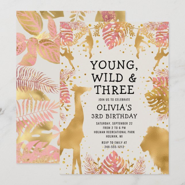 Invitation Filles 3e Anniversaire Rose Or Ecru Safari (Devant / Derrière)