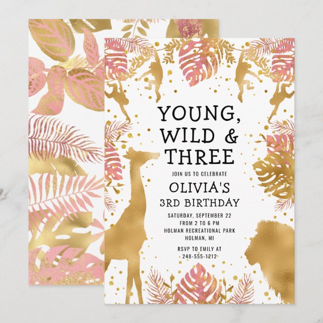 Invitation Filles 3e Anniversaire Safari Rose Or (Devant / Derrière)