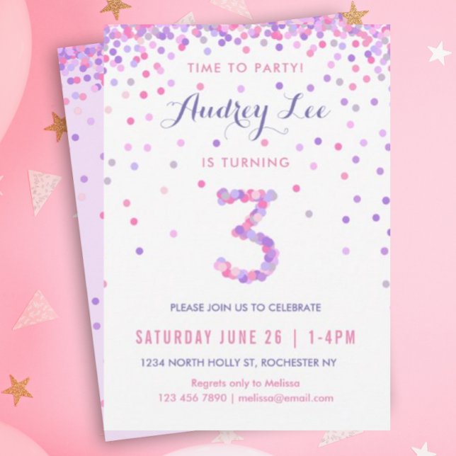 Invitation Filles 3e anniversaire Troisième fête d'anniversai (Pink and purple confetti for your 3 year old's birthday party!)