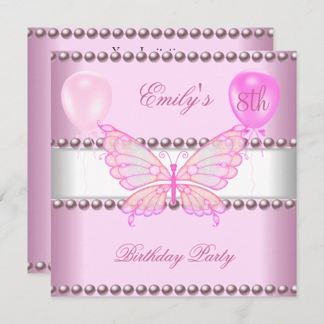 Invitation Filles 8 Anniversaire Papillon Pink Pearls Ballons (Devant / Derrière)