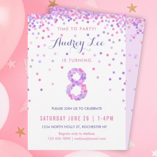 Invitation Filles 8e anniversaire Huitième anniversaire Confe (Pink and purple confetti for your 8 year old's birthday!)