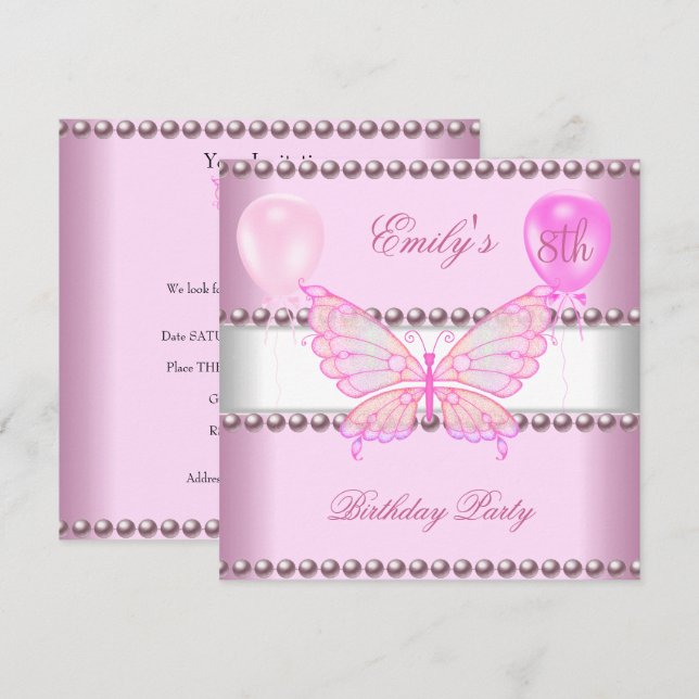 Invitation Filles 8ème Anniversaire Papillon Rose Perles Ball (Devant / Derrière)