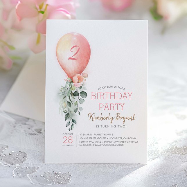 Invitation Filles à ballons rose floral vert Anniversaire (Pink Balloon and Greenery Garland Birthday Invitation)