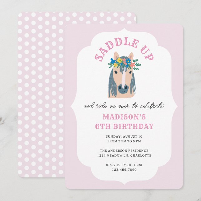 Invitation Filles à cheval sur un poney rose Anniversaire (Devant / Derrière)