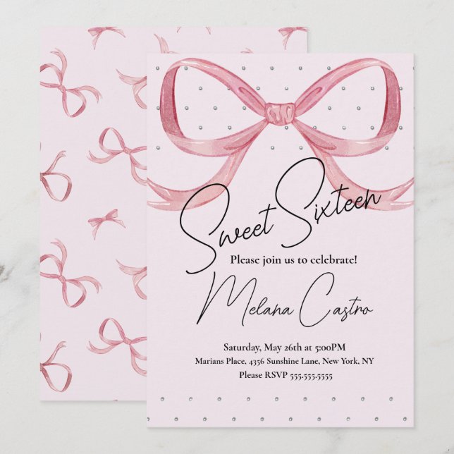 Invitation Filles à Nœud Rose Coquette Sweet 16 Anniversaire (Devant / Derrière)