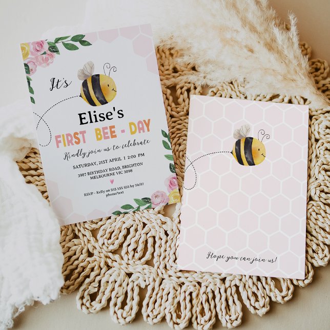 Invitation Filles Abeille rose Jaune Première Abeille Jour 1e (First Bee-Day 1st Birthday Invitation Template Baby Girl,  Floral, Bee Themed 1st Birthday Invite)