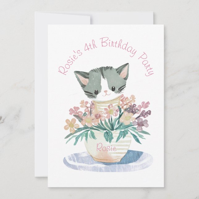 Invitation Filles Anniversaire Cute Kitten Nom Et Photo (Devant)