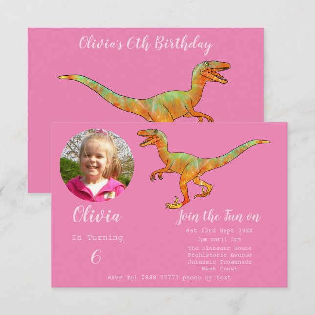 Invitation Filles Anniversaire Dinosaure Velociraptor Fête Ro (Devant / Derrière)