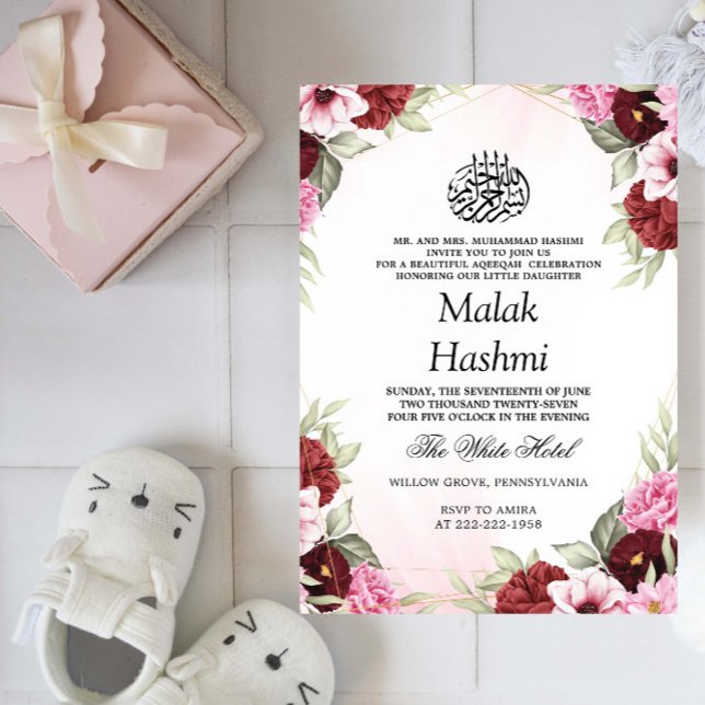 Invitation Filles Aqiqa Rouge Floral Bébé islamique Aqeeqah (Créateur téléchargé)