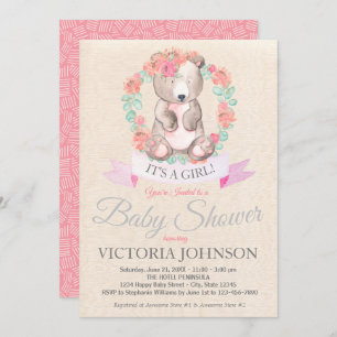 Invitation Filles Aquarelle Floral Baby shower de l'ours bébé
