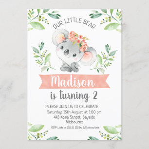 Invitation Filles Aquarelle Koala Ours Anniversaire Invitatio