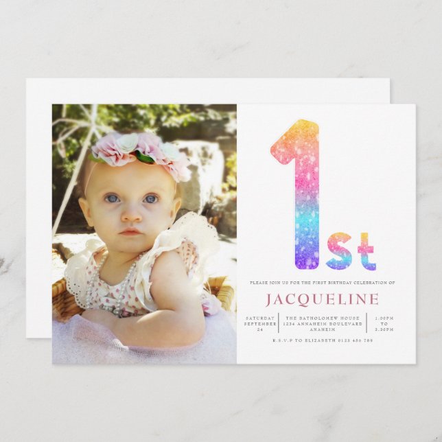 Invitation Filles Arc-en-ciel 1er anniversaire Photo (Devant / Derrière)