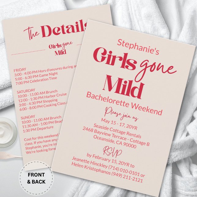 Invitation Filles au comportement exemplaire Élégant week-end (Custom Modern Ruby Red Typography Girls Gone Mild Bachelorette Weekend Invitation)