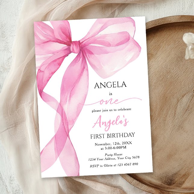 Invitation Filles au Nœud Rose 1er Anniversaire (Créateur téléchargé)