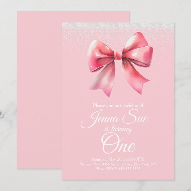 Invitation Filles au Nœud Rose Fête d'Anniversaire Coquette (Devant / Derrière)