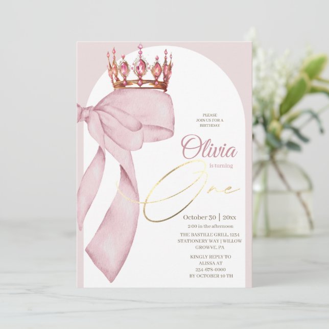 Invitation Filles au nœud rose Premier Anniversaire  (Debout devant)