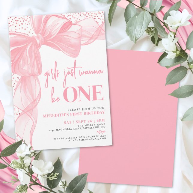 Invitation Filles au Nœud Rose Veulent Tout Simplement être U (Pink Bow Girls Just Wanna Be ONE 1st Birthday Invitation)