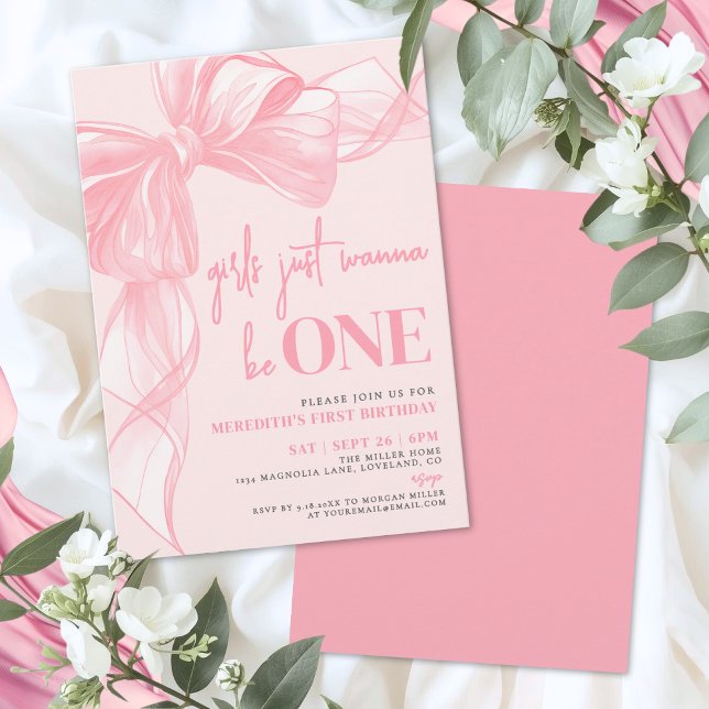 Invitation Filles au Nœud Rose Veulent Tout Simplement être U (Pink Bow Girls Just Wanna Be ONE 1st Birthday Invitation)