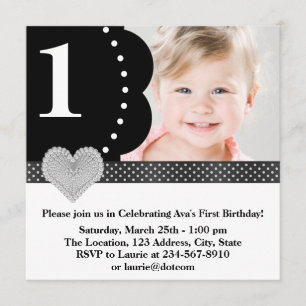 Invitation Filles aux pois noirs Photo 1er anniversaire