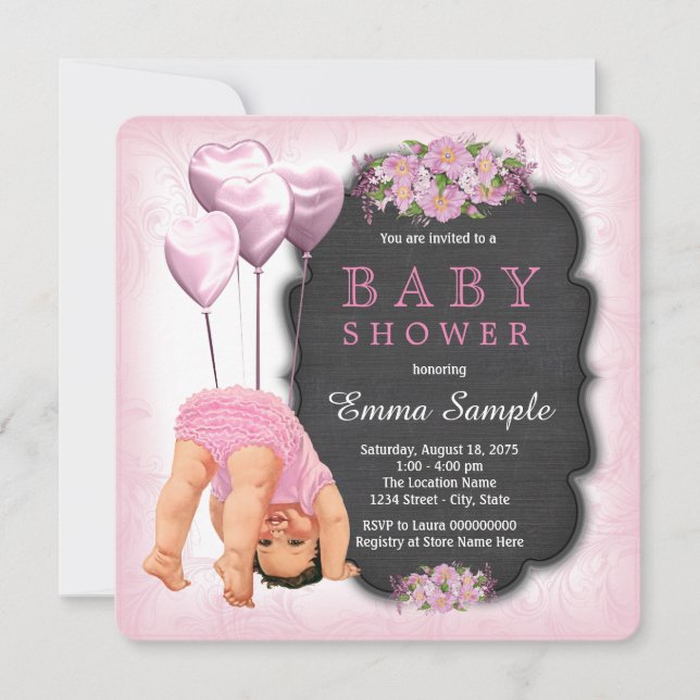 Invitation Filles Baby Shower Chalkboard Rose Bottoms Up (Devant)