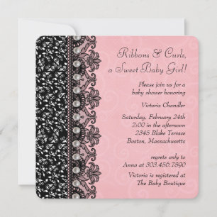 Invitation Filles Baby shower dentelle rose et noire