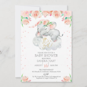 Invitation Filles Baby shower Eléphant Dormant Floral