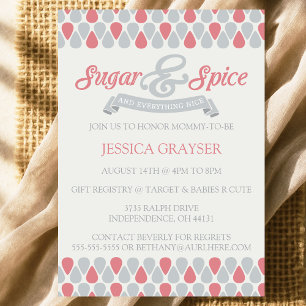 Invitation Filles Baby shower gris rose Sucre et épices