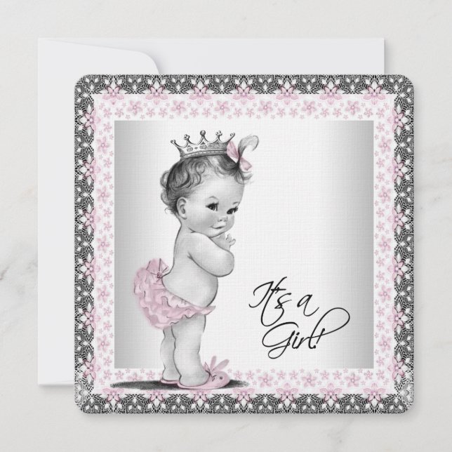 Invitation Filles Baby shower rose et gris lin (Devant)