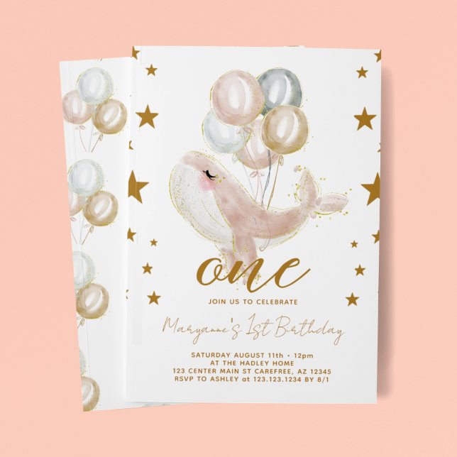 Invitation Filles Baleines Magiques 1er Anniversaire (Créateur téléchargé)