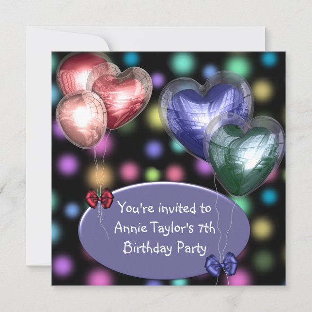 Invitation Filles Ballons Rose Violet 7ème Anniversaire (Devant)
