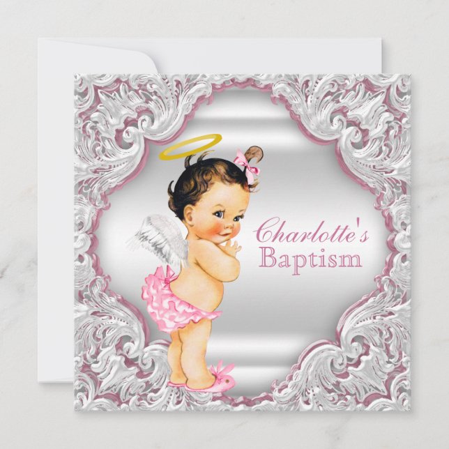 Invitation Filles Baptême de bébé fille ange rose blanc (Devant)