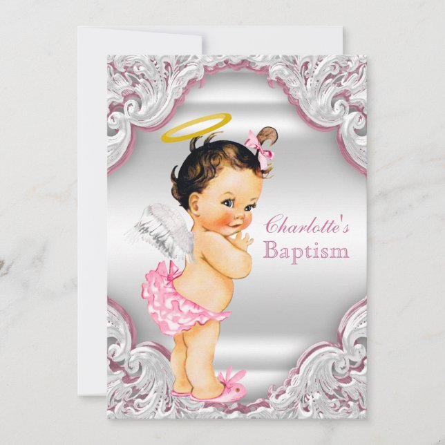 Invitation Filles Baptême de bébé fille ange rose blanc (Devant)