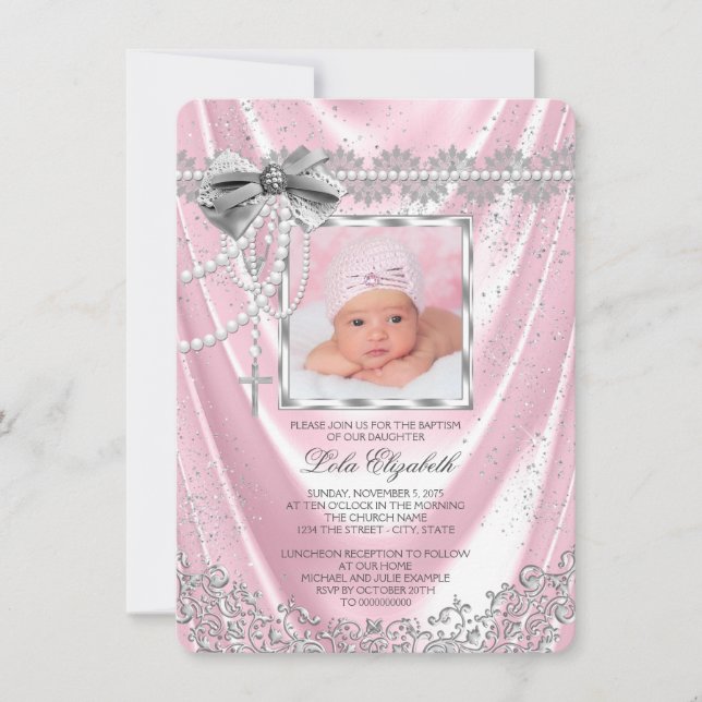 Invitation Filles Baptême Photo Rose et Argent (Devant)