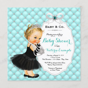 Invitation Filles Bébé & Co Baby shower noir Turquoise bleu