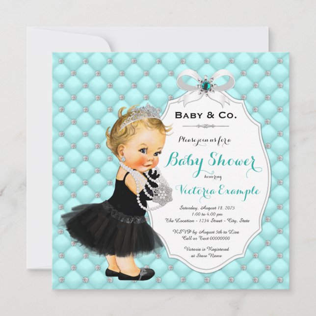 Invitation Filles Bébé & Co Black Turquoise Baby shower bleu (Devant)