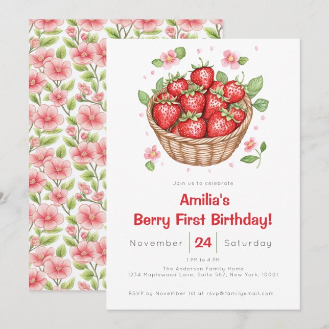 Invitation Filles Bébés Fête du Premier Anniversaire Fraise B (Devant / Derrière)